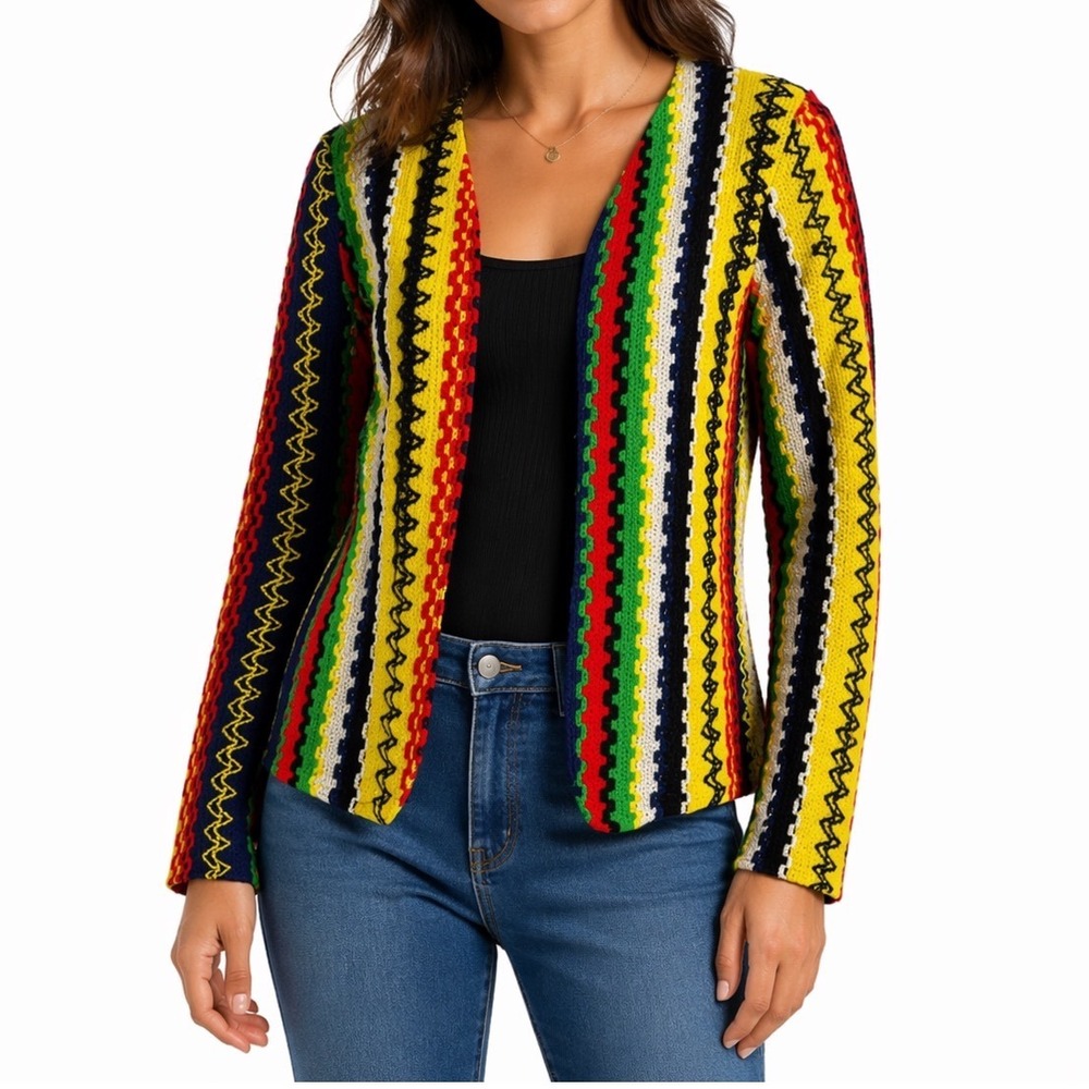 Artsy Funky Geometric Open Front Knit Cardigan Jacket Boho Indie Retro Small